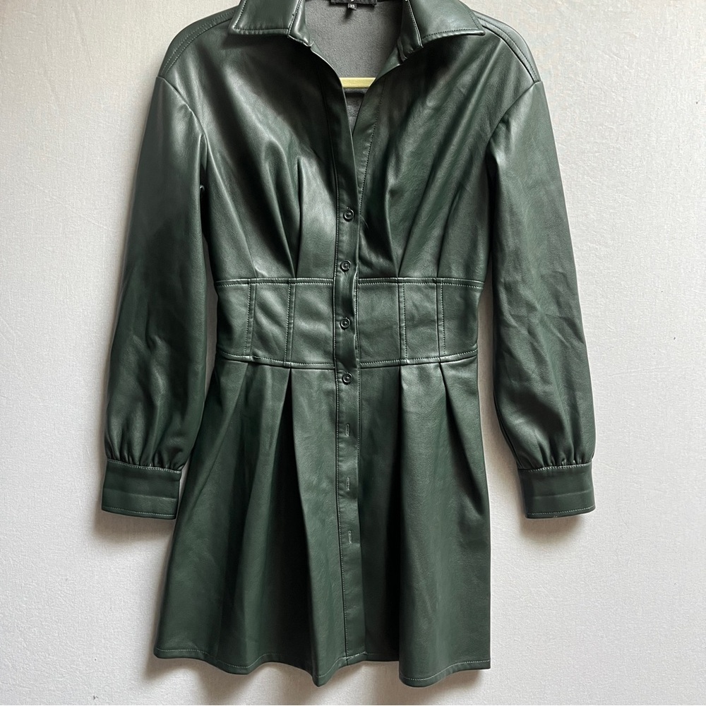 7 For All Mankind Dark Green Vegan Leather Fit & Flare Dress Jacket XS